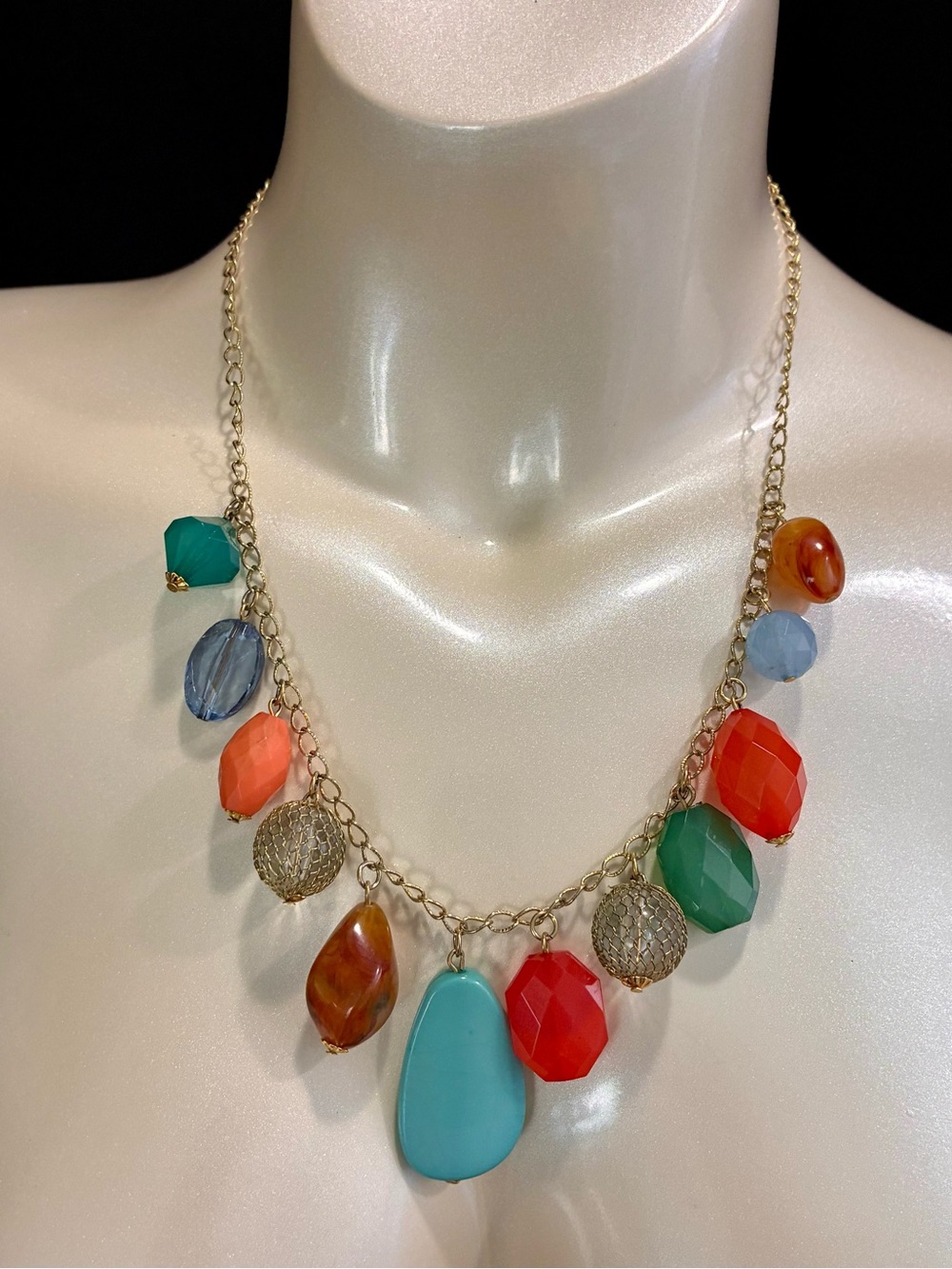Rachel Multi-Color Textured Beaded Statement Necklace - Turquoise, Coral & Green